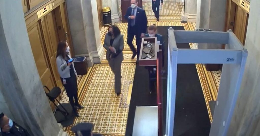 Kamala Harris On CCTV Exiting US Capitol at 11:21 AM on Jan. 6, Debunking Claims She Was Present During Riot